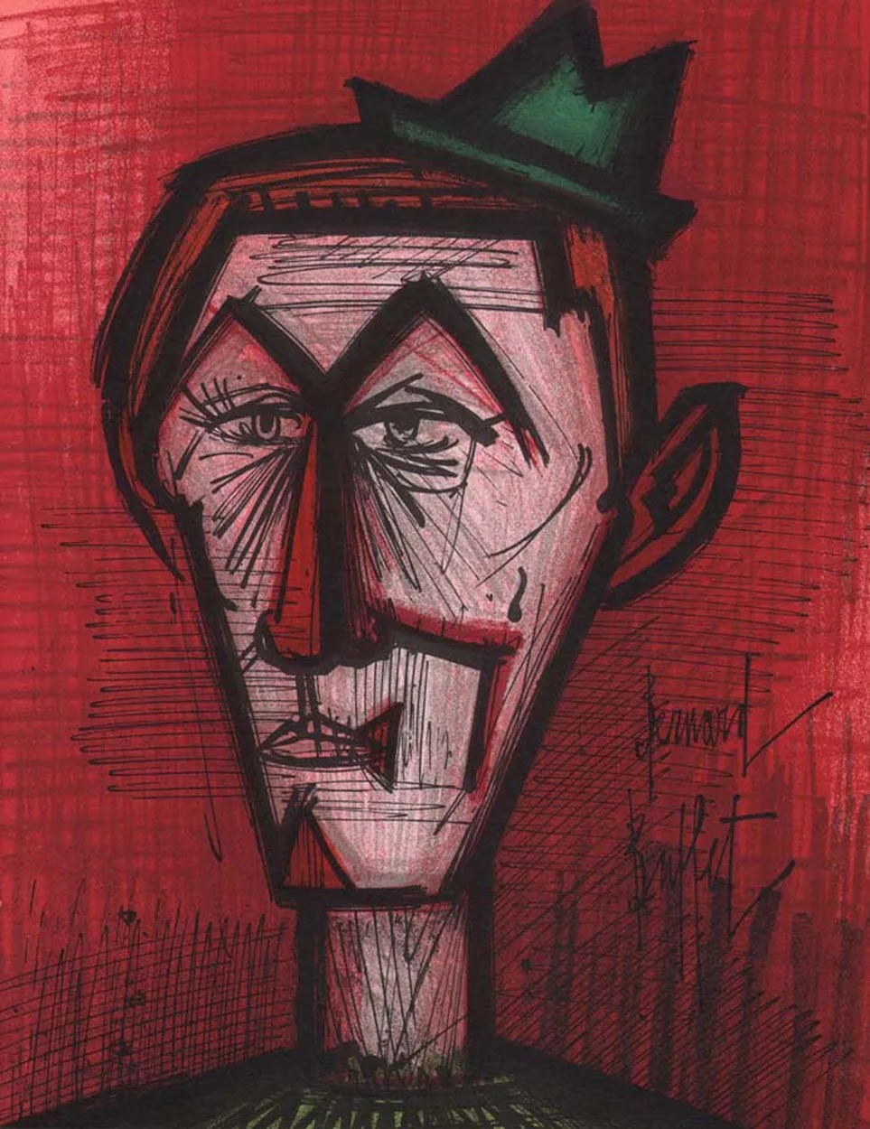 Bernard Buffet, The clown on red background, Original Lithograph, Mourlot 1967