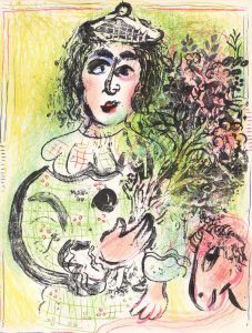 1963 Chagall Lithograph The Clown with Flowers