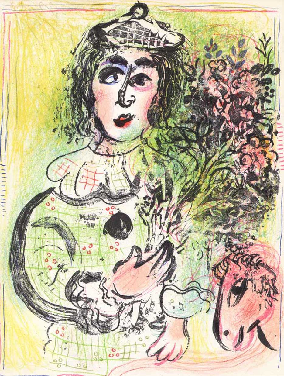 Chagall Lithograph, The Clown with Flowers 1963