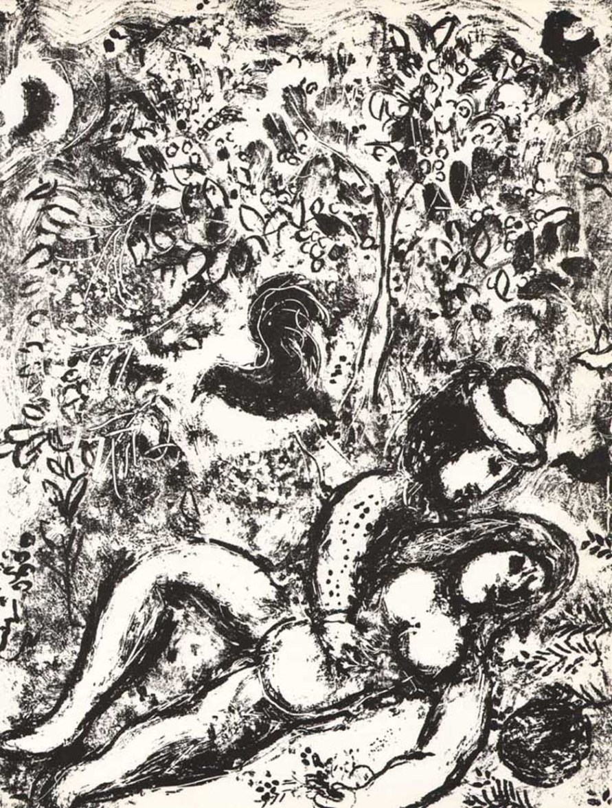 Marc Chagall Lithograph, The pair in a tree 1963