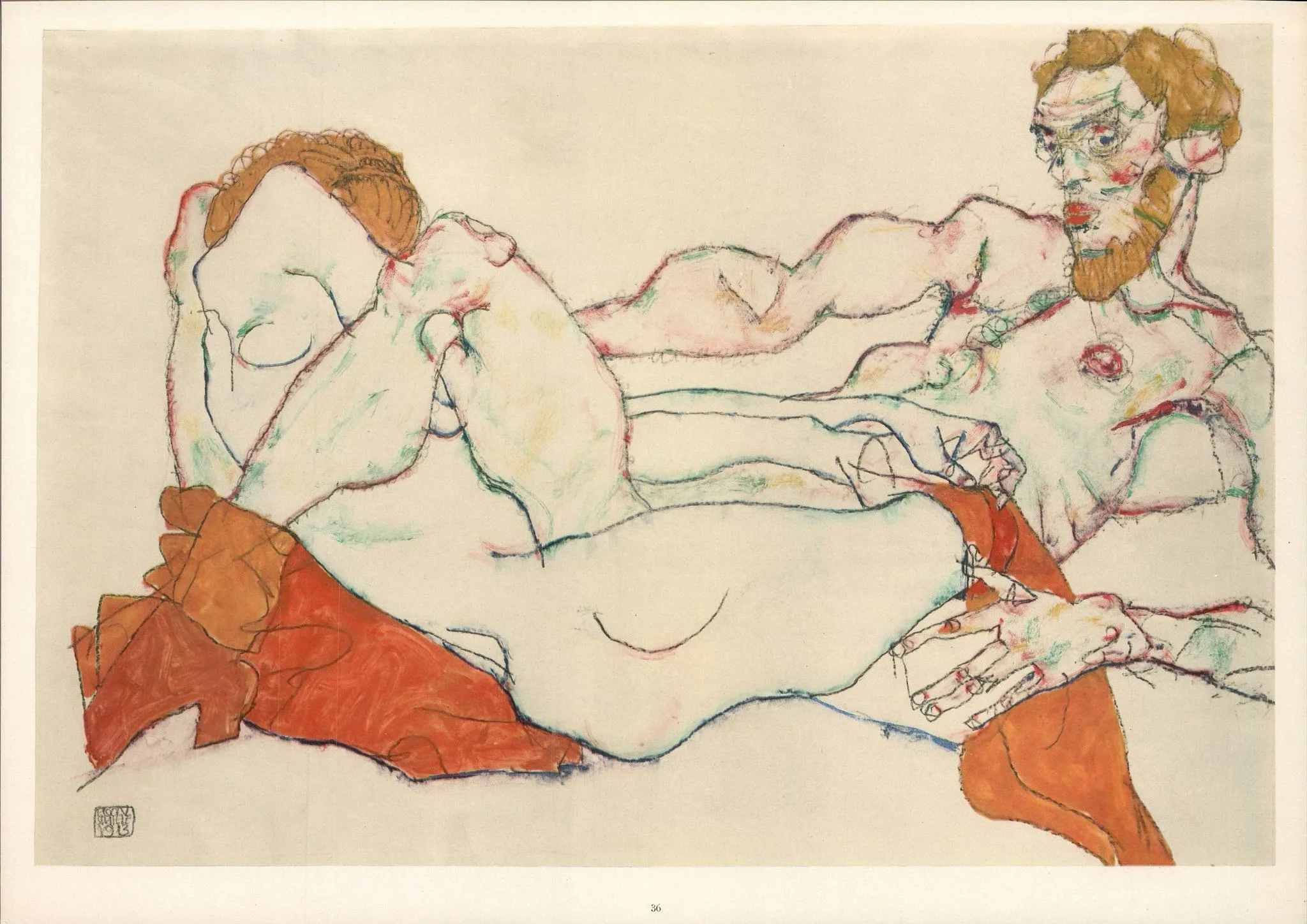 Schiele Lithograph 36, Entwined Reclining Couple