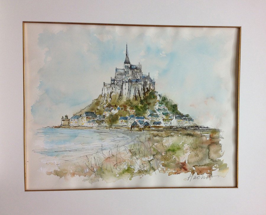 Urbain Huche Signed Original Watercolor Painting Mont Saint Michel