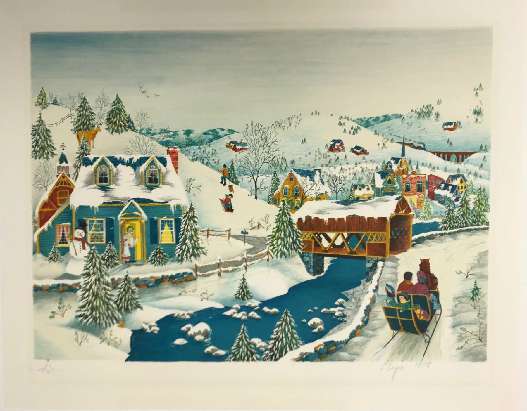 American school Lithograph Snow Season 1978 signed