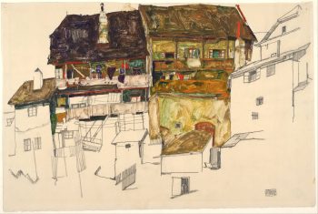 Schiele Lithograph 44 ,Old Houses in Krumau 1968