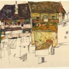 Schiele Lithograph 44 ,Old Houses in Krumau 1968