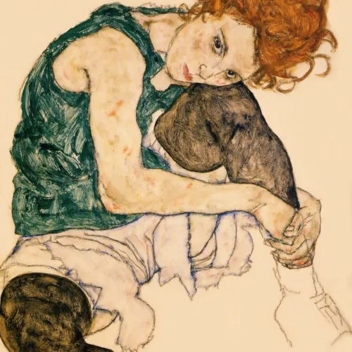 Schiele Lithograph 56, Seated woman with bent knee