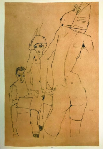 Schiele Lithograph 10, Drawing model in front of mirror