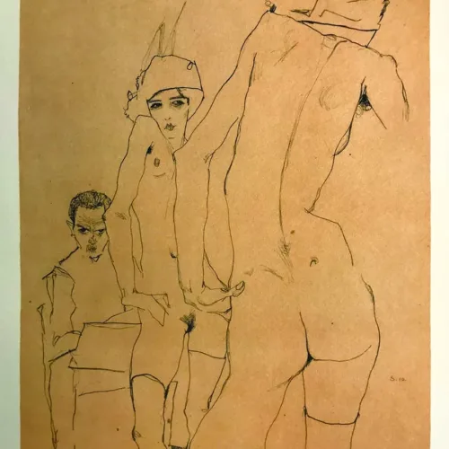 Schiele Lithograph 10, Drawing model in front of mirror