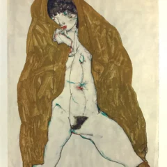 Schiele Lithograph 37 ,Female Nude with yellow shawl