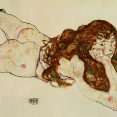 Schiele Lithograph 55, Female Nude on her stomach