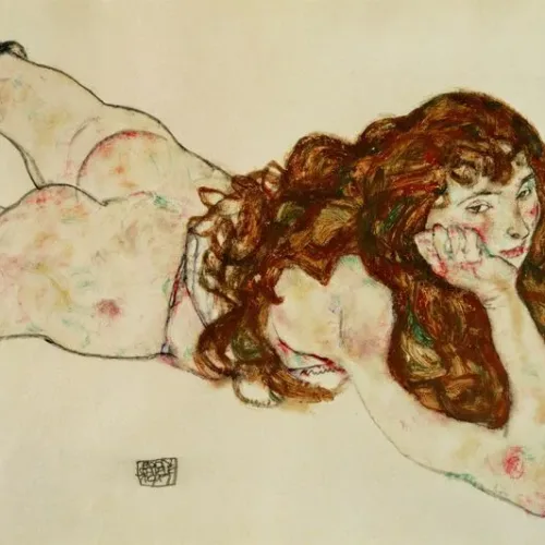 Schiele Lithograph 55, Female Nude on her stomach