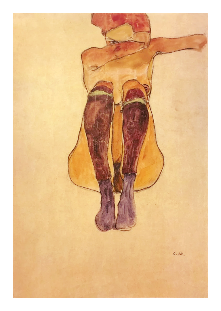 1981 Egon Schiele 2 Erotic drawings Seated nude with purple Stocking
