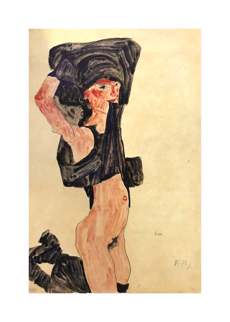 1981 Egon Schiele 6 Erotic Drawings Half Nude kneeling Girl