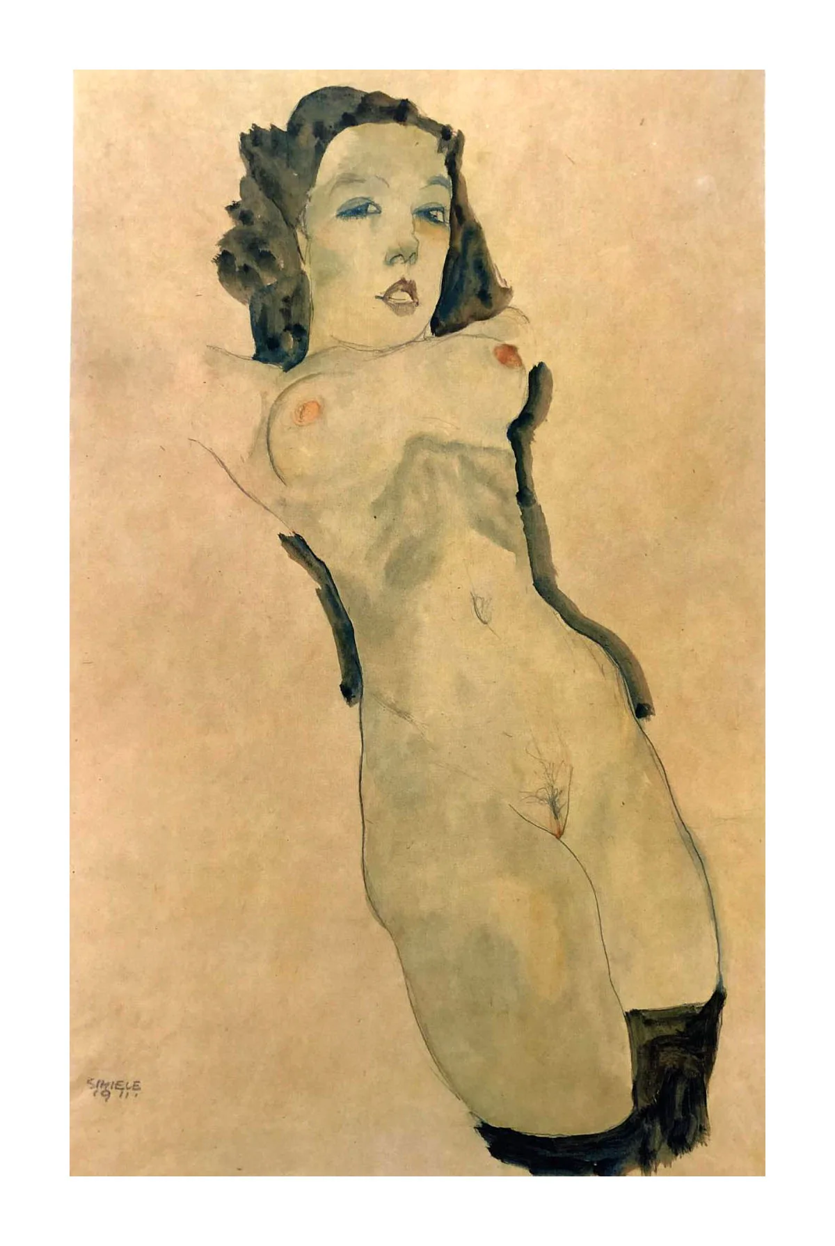 1981 Egon Schiele 9 Erotic Drawings Naked woman black stocking