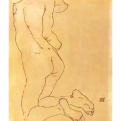 1981 Egon Schiele 16 Erotic Drawings kneeling Nude with red ribbon