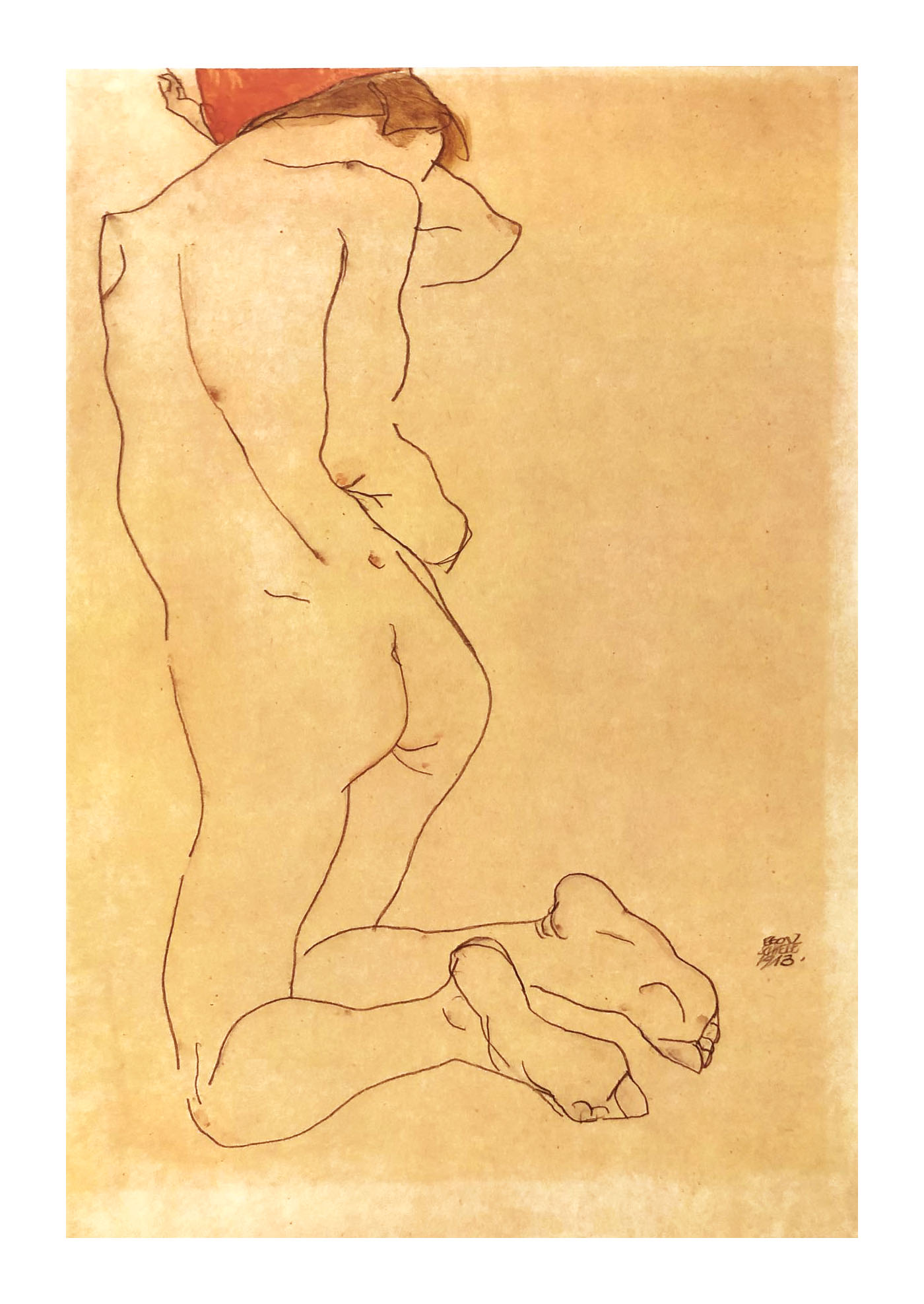 1981 Egon Schiele 16 Erotic Drawings kneeling Nude with red ribbon