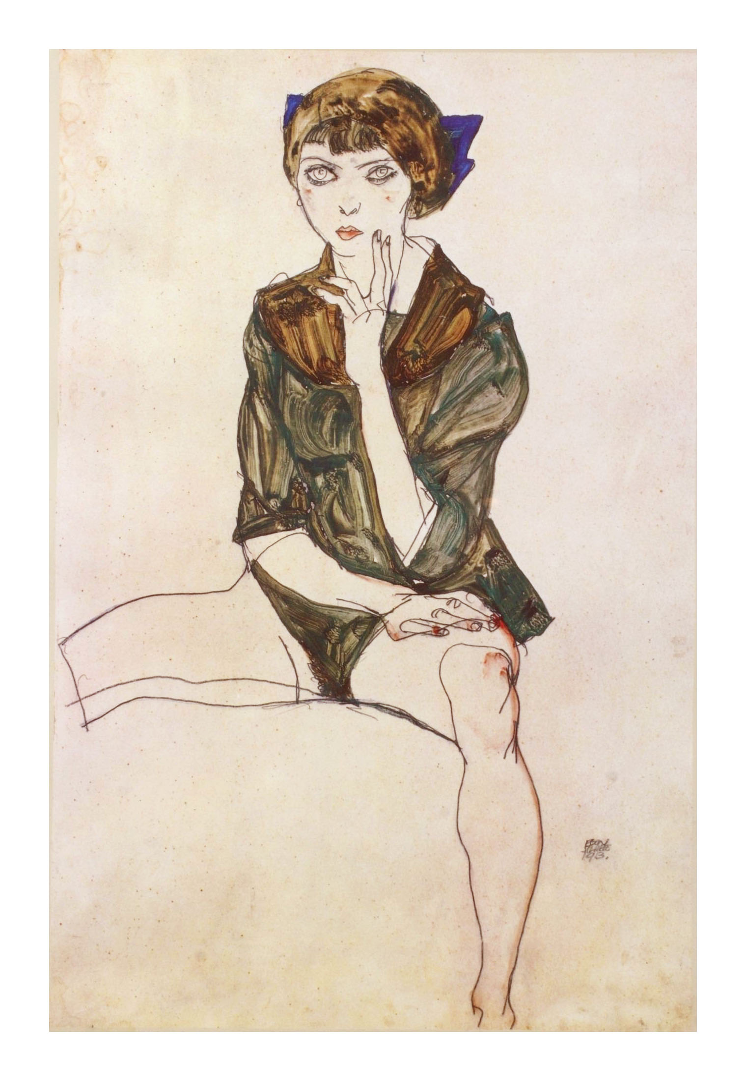 1981 Egon Schiele 23 Erotic Drawings Seated girl in green blouse