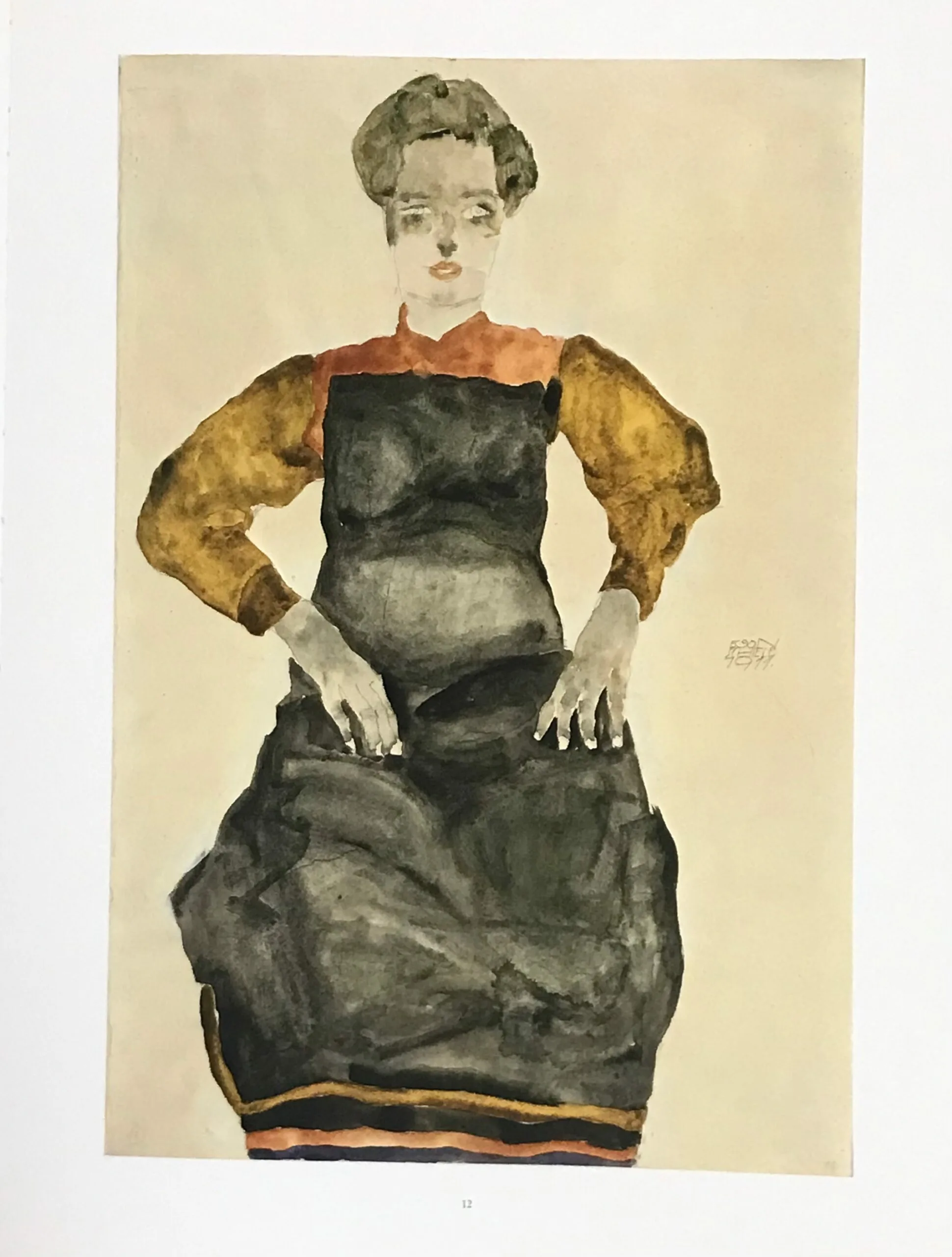 1981 Egon Schiele 12 Erotic Drawing Seated girl in black apron