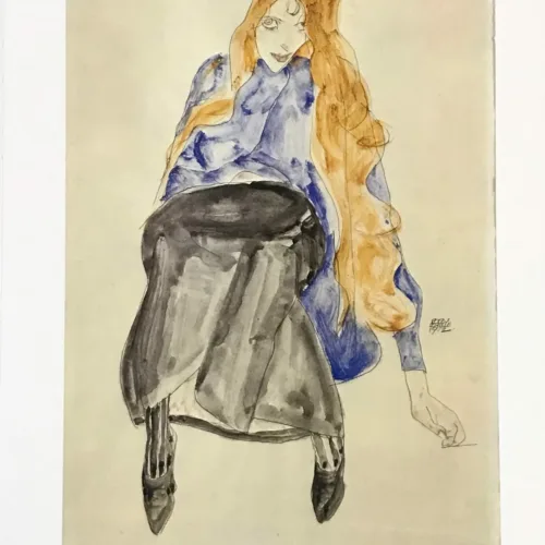 1981 Egon Schiele 14 Erotic Drawing Seated girl with blond hair
