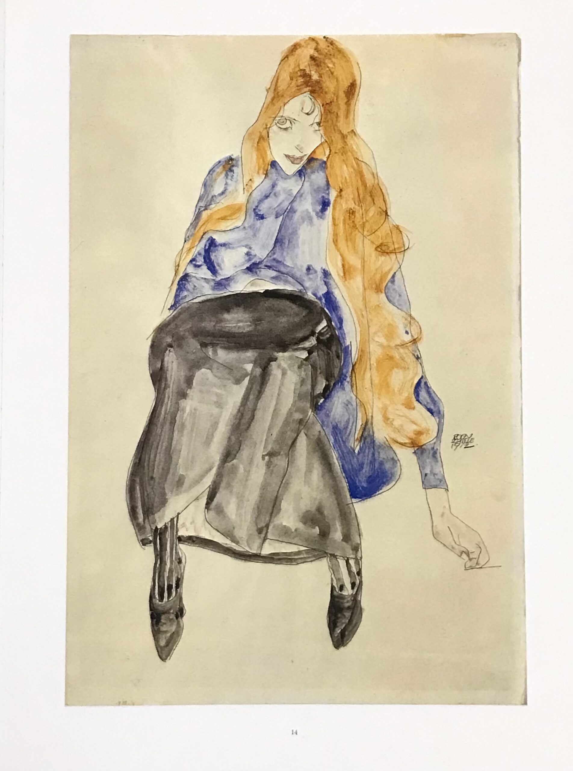 1981 Egon Schiele 14 Erotic Drawing Seated girl with blond hair