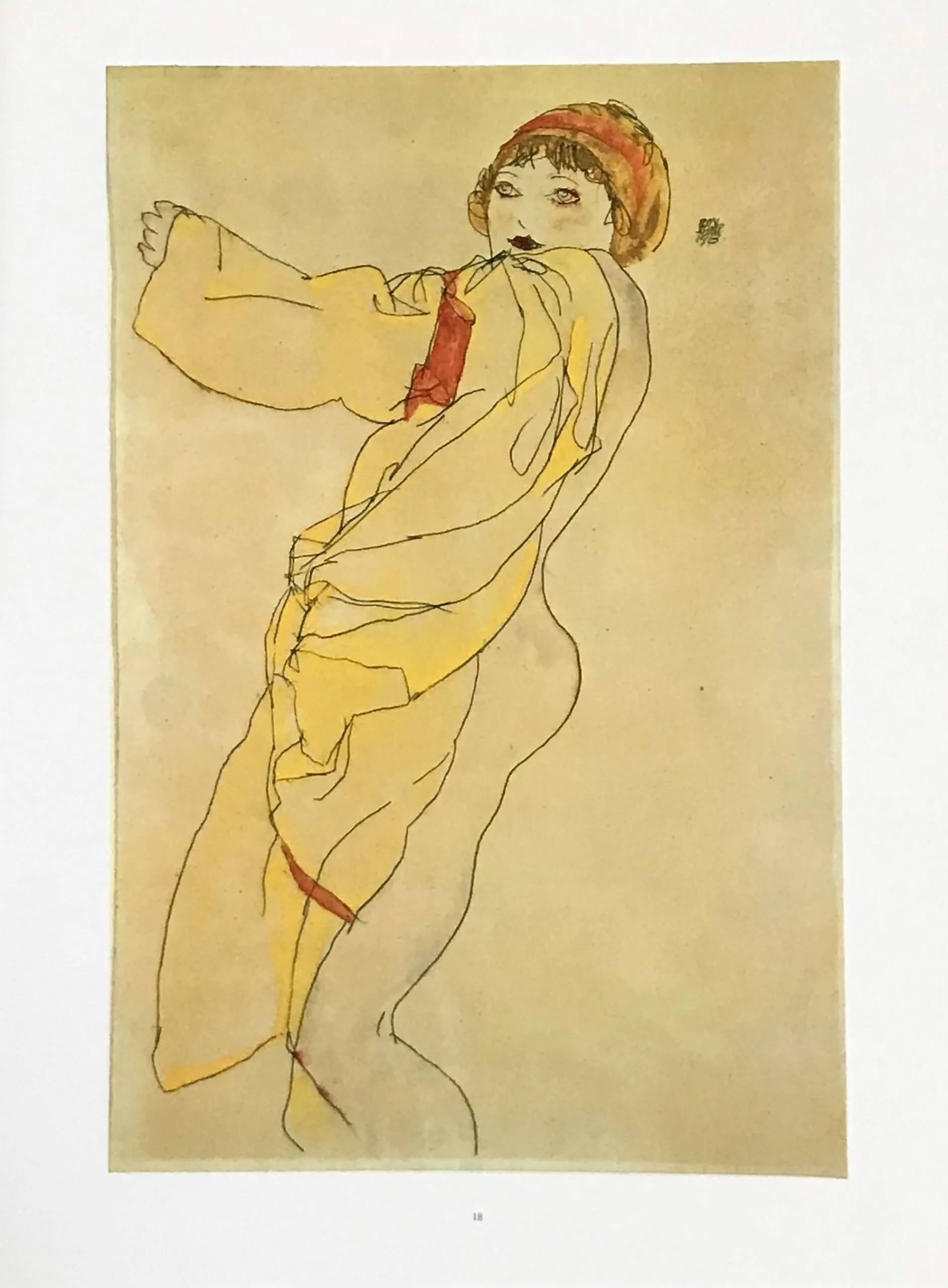 1981 Schiele 18 Erotic Drawing Woman yellow dress orange hair band