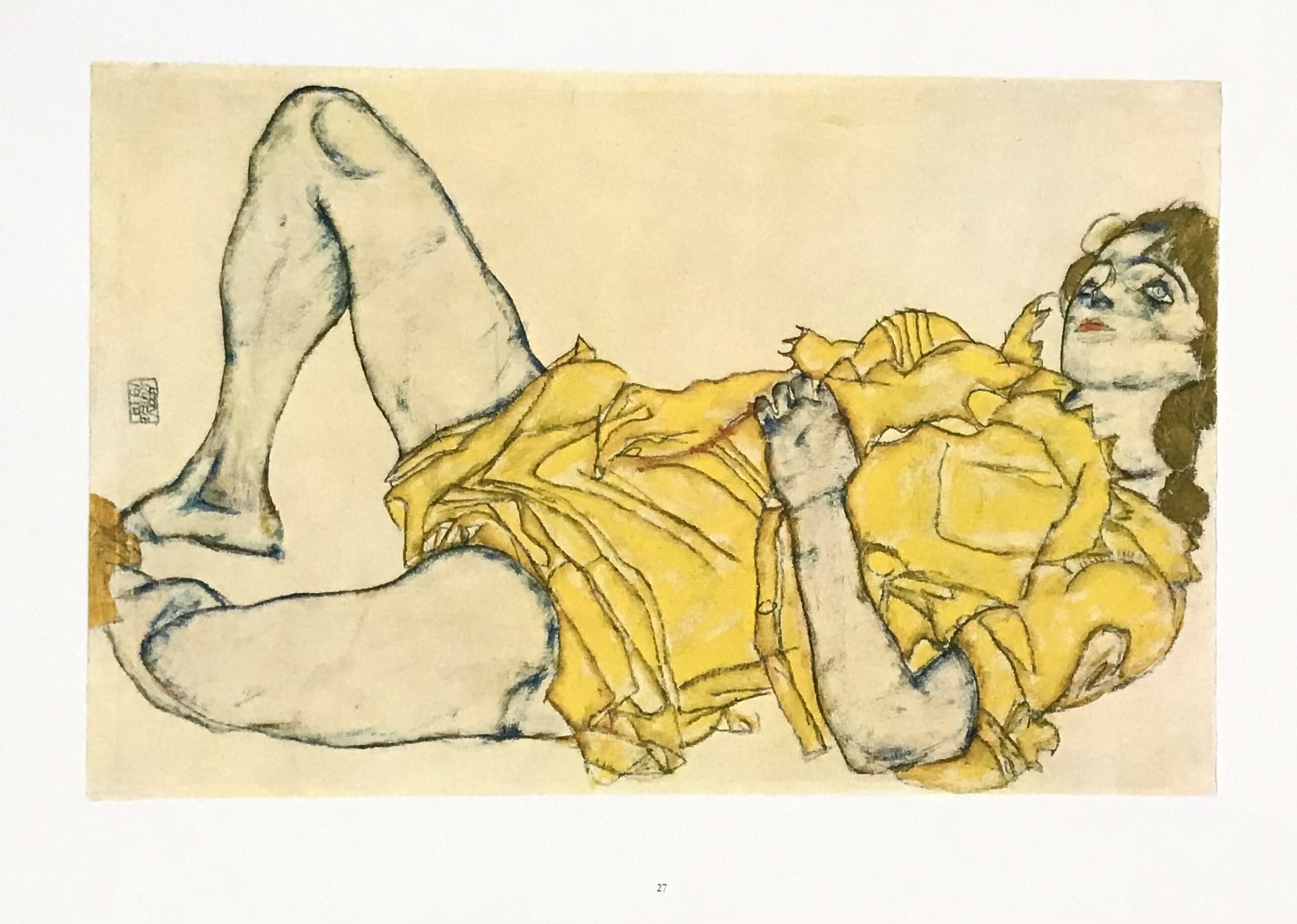 1981 Egon Schiele 27 Erotic Drawing Reclining female in yellow dress