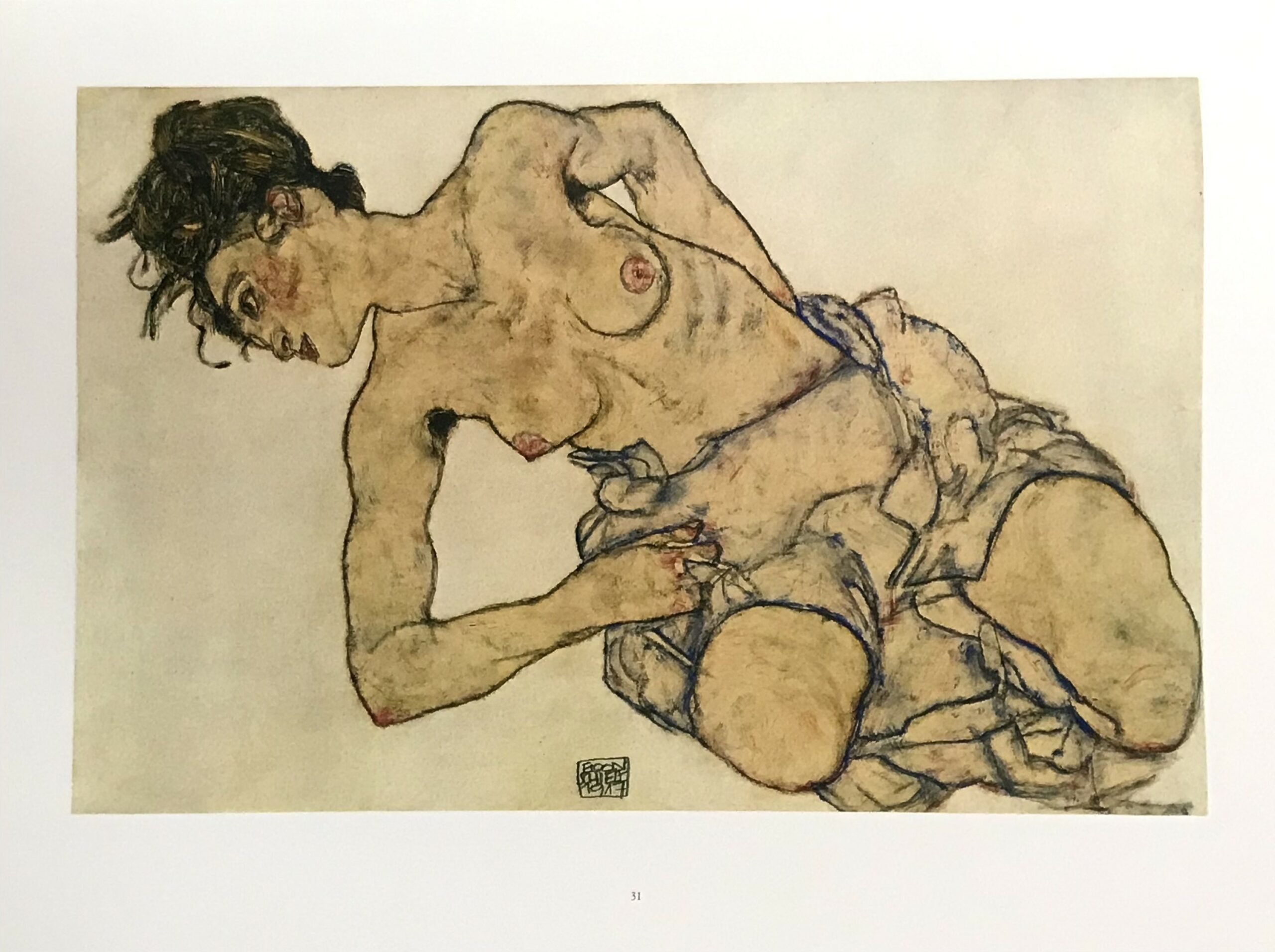 1981 Egon Schiele 27 Erotic Drawing Crouching Semi Nude