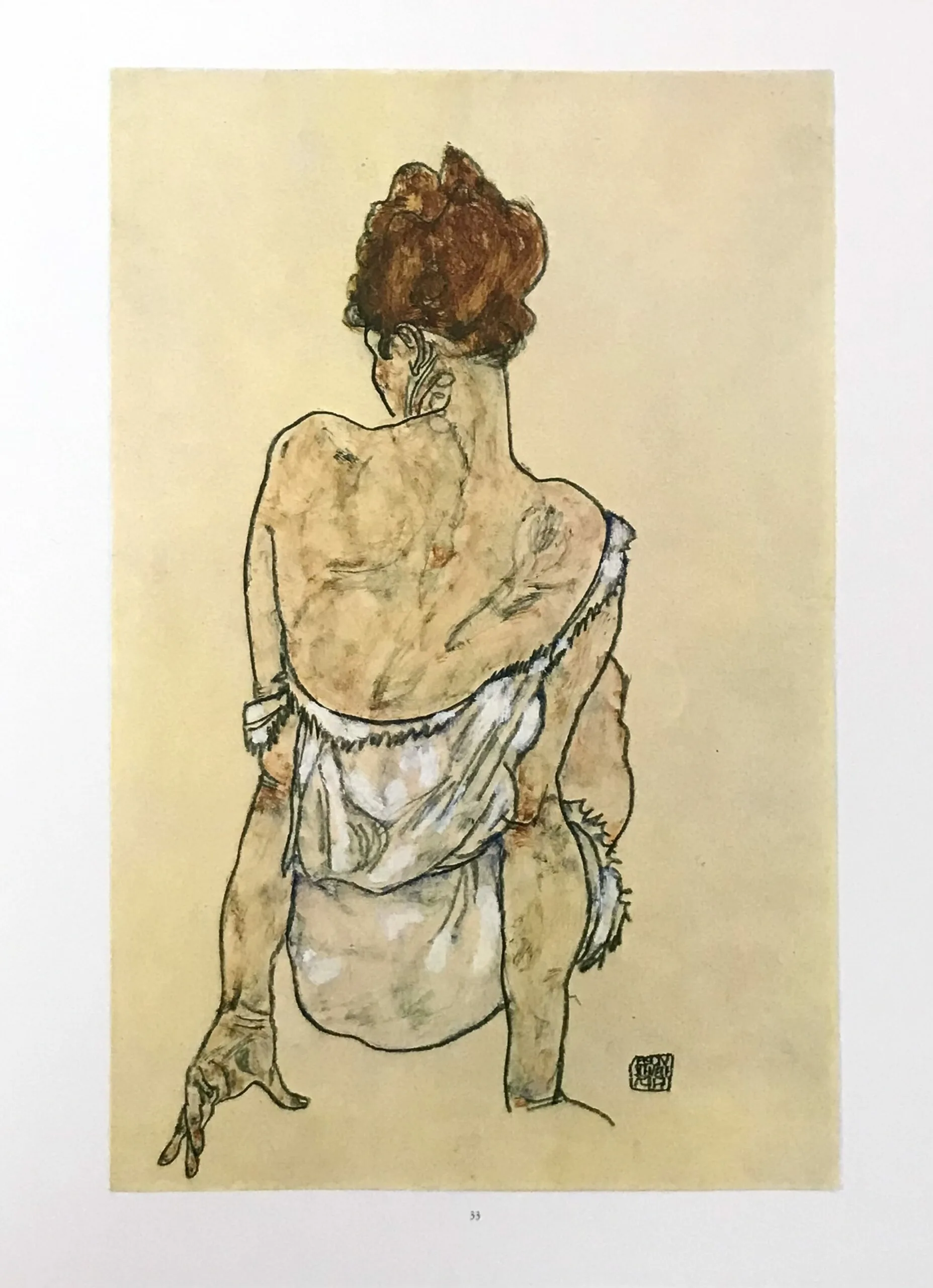 1981 Egon Schiele 33 Erotic Drawing Seated woman back view