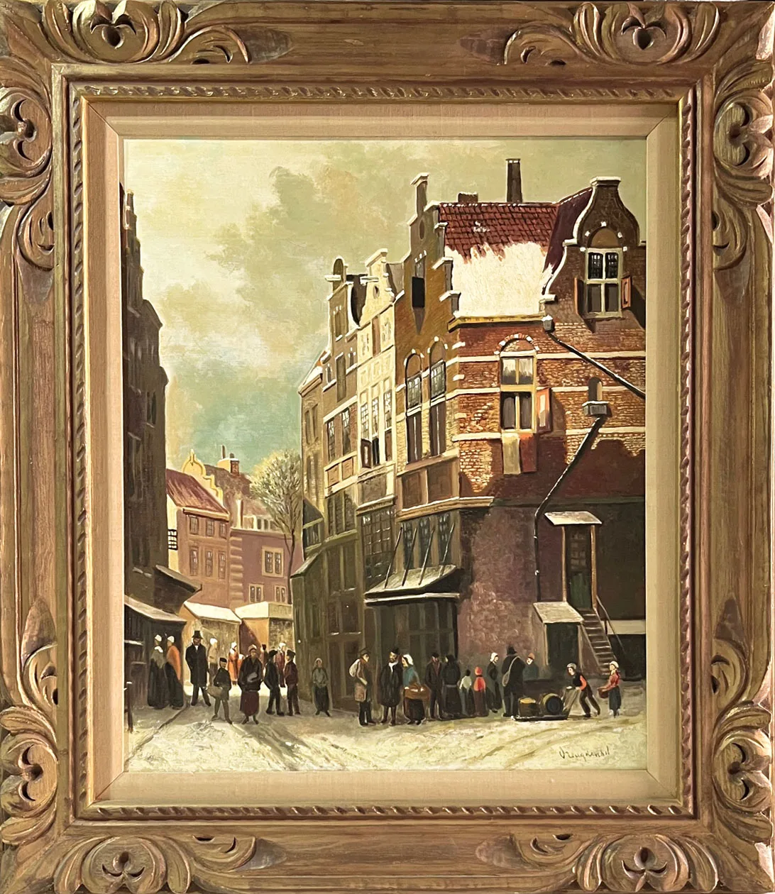 Vreugdenhil Street Scene Oil Painting carved wood framed