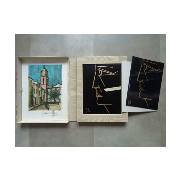 Bernard Buffet Lithographe Vol 1 Deluxe , author Charles Sorlier, Publisher Editions d'Art de Francony 1979. Contains 3 Original Lithographs and 1 signed Original lithograph titled La Place de L'orneau 1979 size 17.5 x 13.5 inch signed & numbered in pencil  92 / 300.