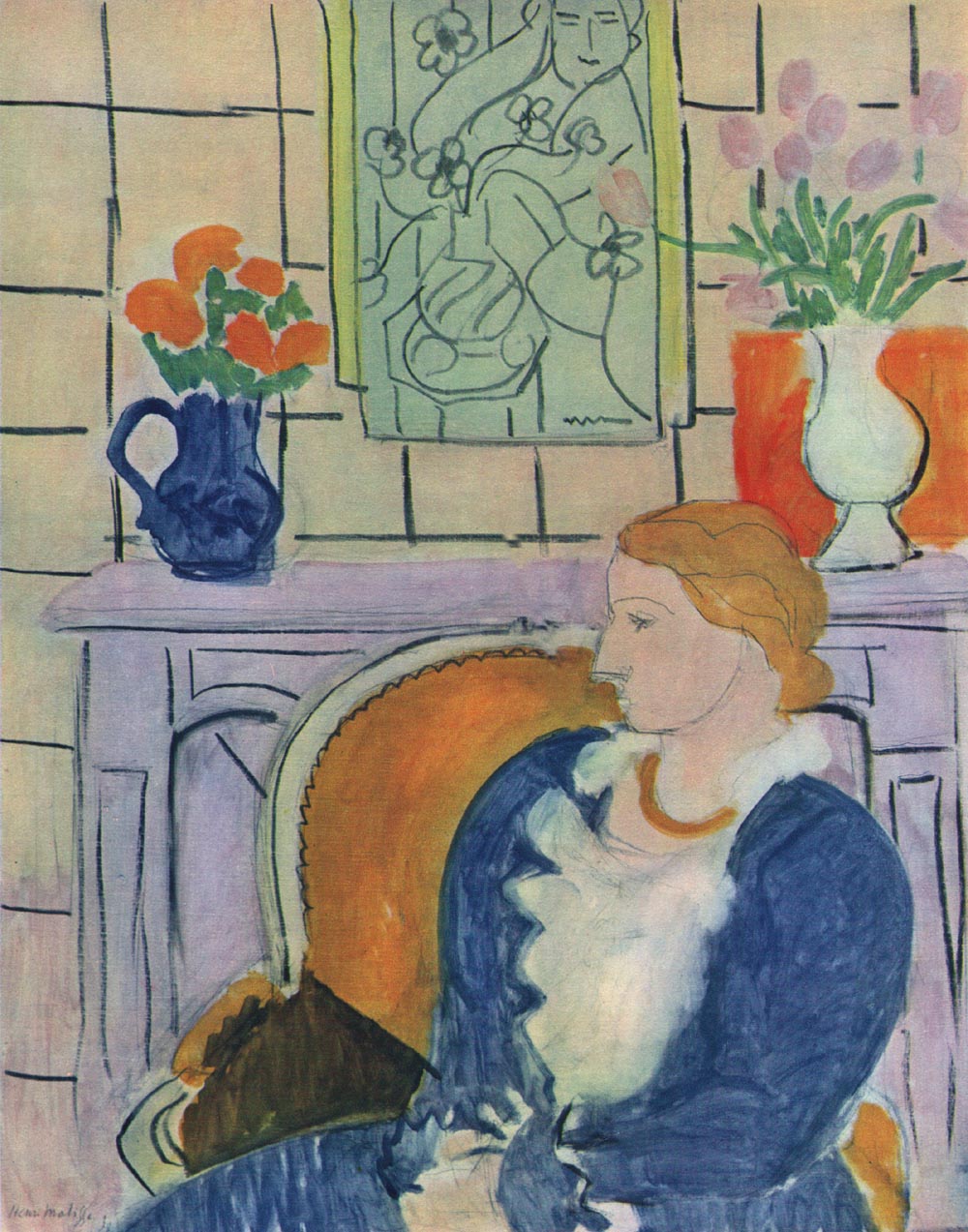 Matisse print giclee Blue dress in ochre armchair