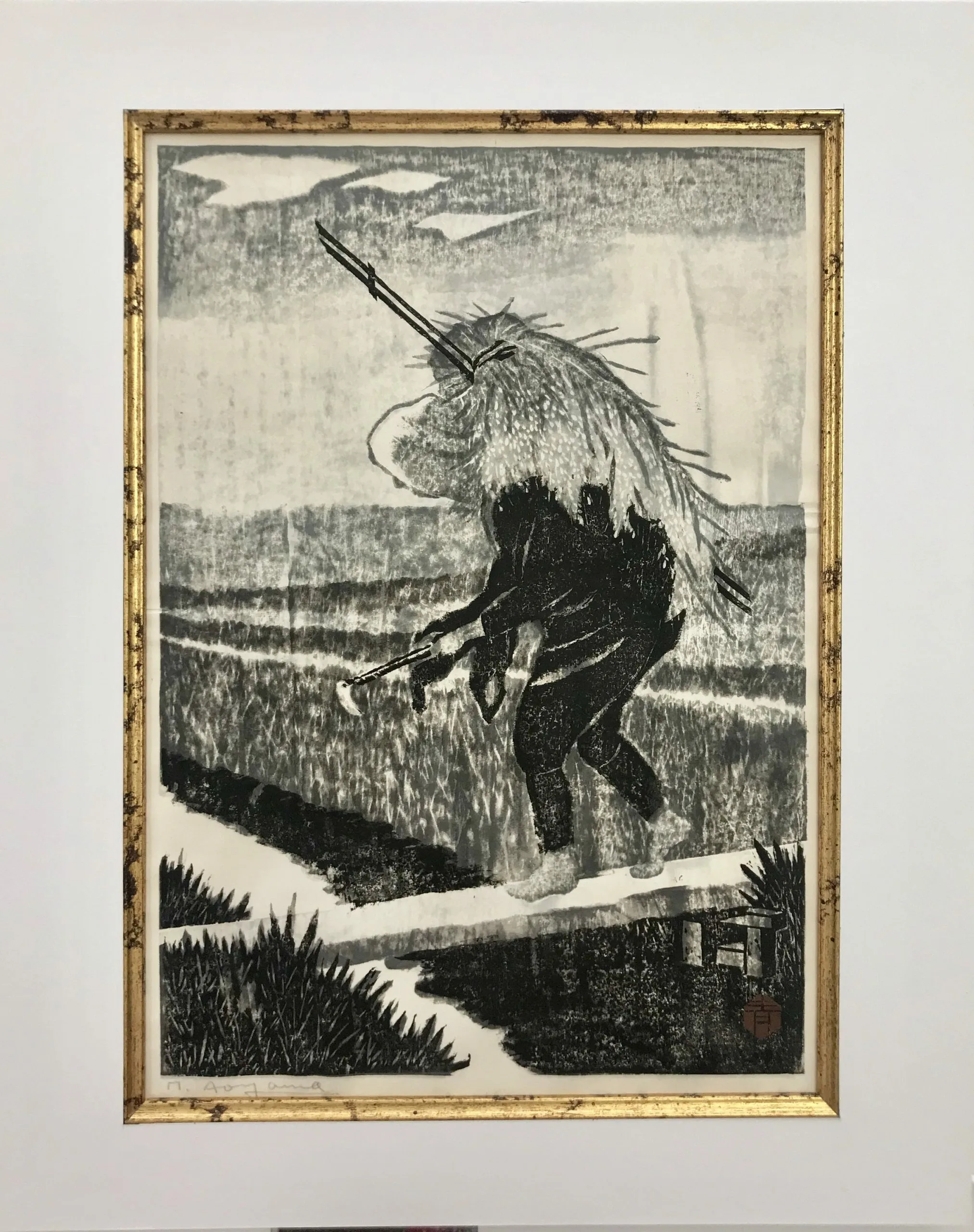 Masaharu Aoyama, Man cutting hay by hand, Pencil Signed woodblock