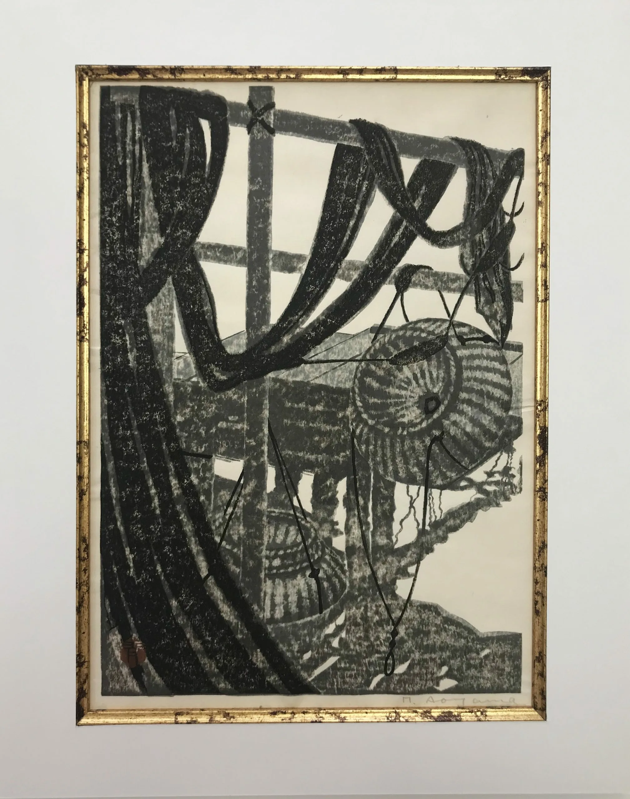 Masaharu Aoyama, Fishing creels, Original woodblock Pencil Signed