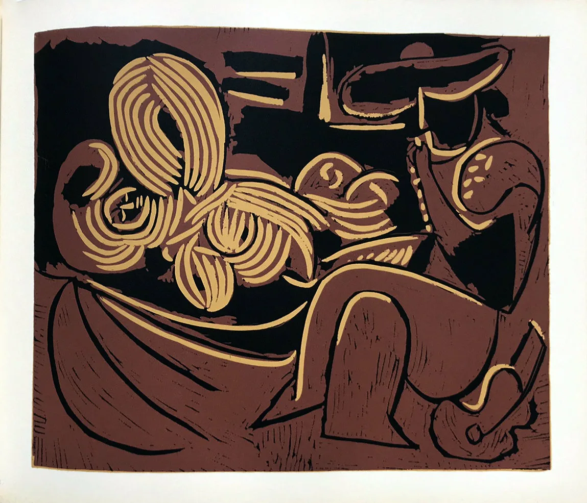 Pablo Picasso 13, Linogravures femme couchee et homme a la guitare 1962