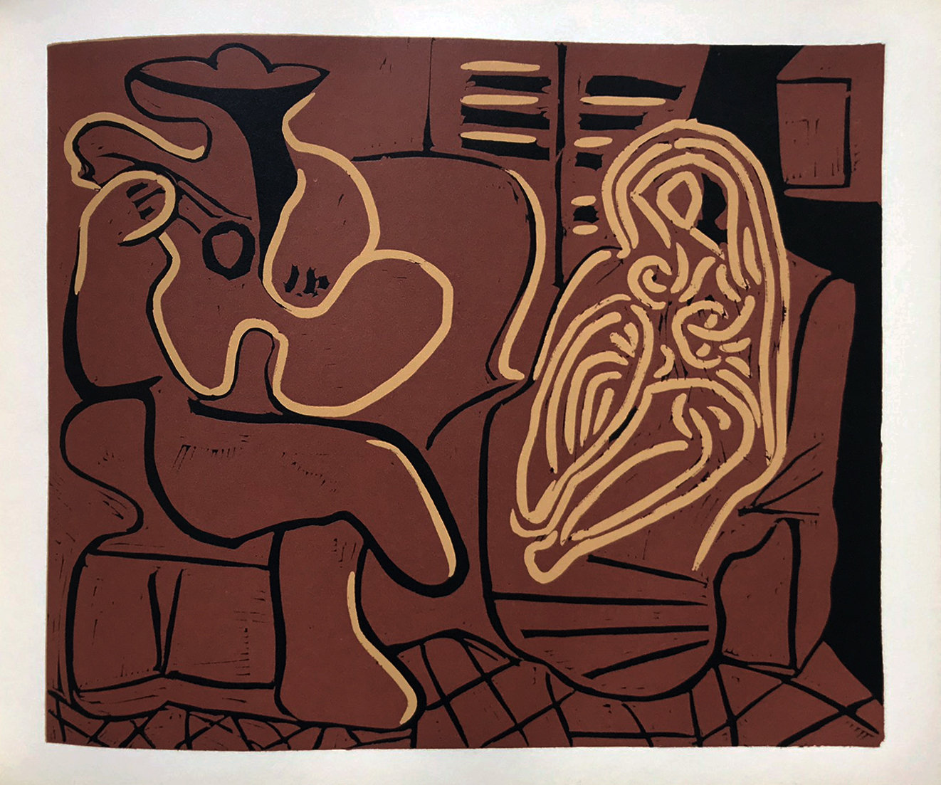 Picasso Linogravures14, Femme et guitariste 1962