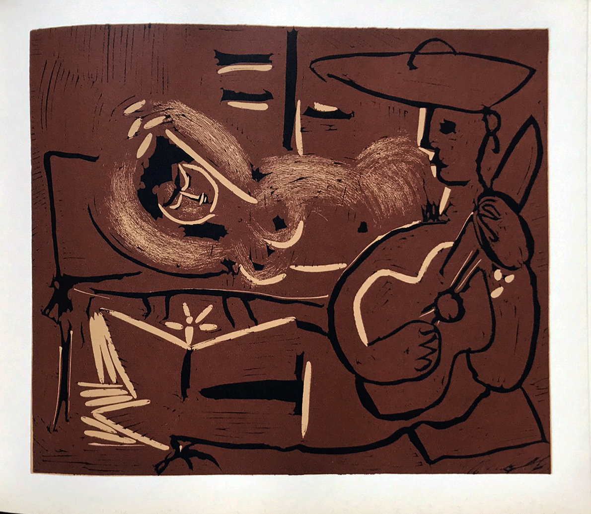 Pablo Picasso 15, Linogravures Femme couchee et guitariste 1962