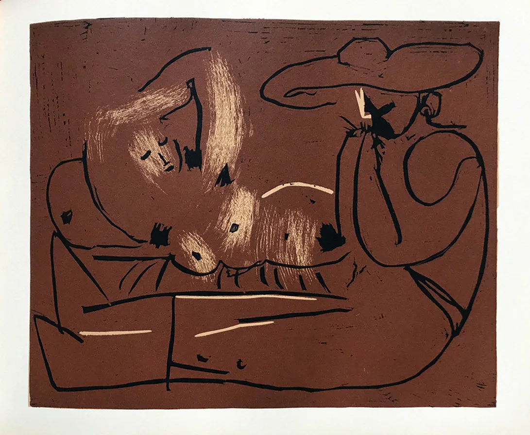 Picasso Linogravure 16, Femme couchee et homme au grand chapeau