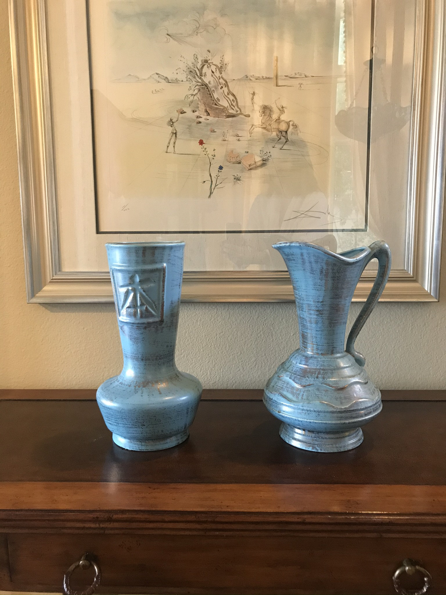 Pair of Blue Pottery Vases, 24kt Gold accents 12"H